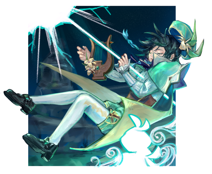 Venti playing the lyre amidst lightning