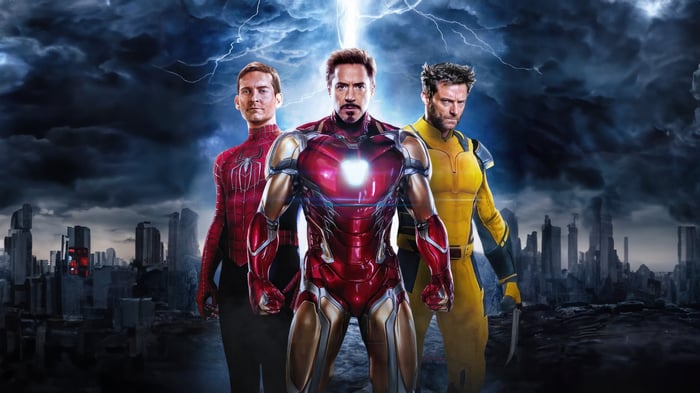 Spider-Man, Iron Man, and Wolverine in a stormy city