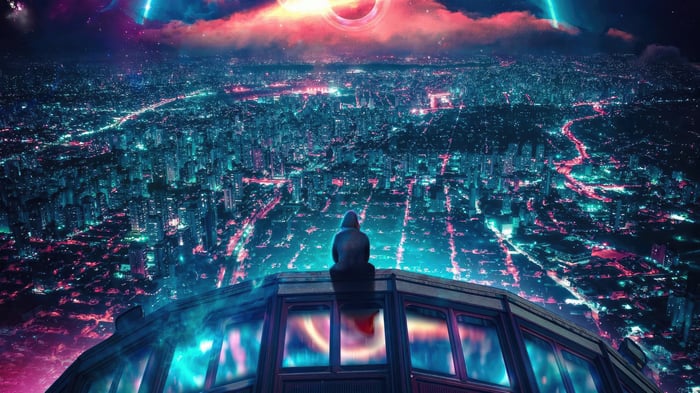 Person sitting on a building overlooking a futuristic city