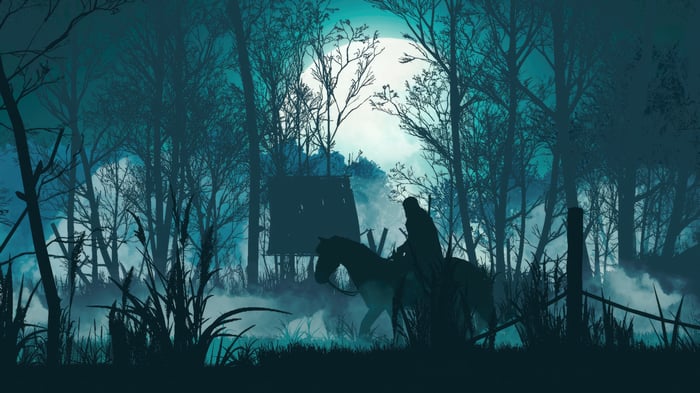 Geralt of Rivia riding a horse through a misty forest at night