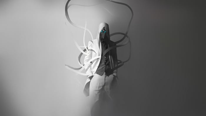 Moon Knight in a white suit with swirling ribbons