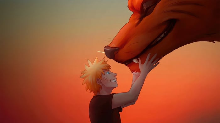 Naruto and Kurama in front of an orange sky