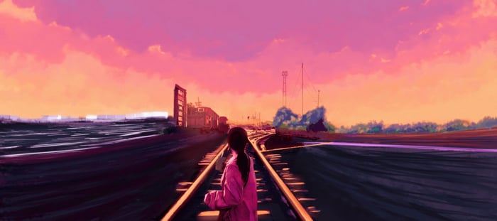 Anime girl on train tracks at sunset