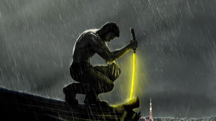 Wolverine Kneeling with Glowing Sword in Rain