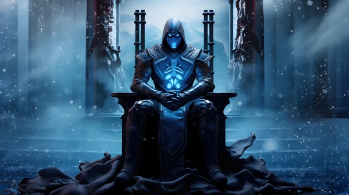 Sub Zero sits on a throne in a snowy environment