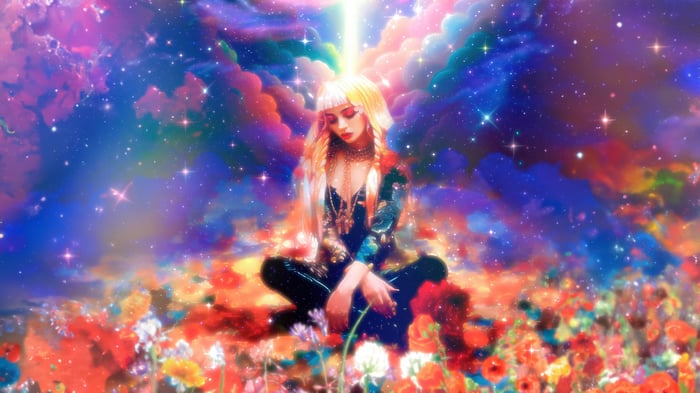 Woman meditating in a field of flowers under a starry sky