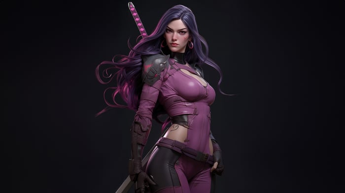 Psylocke with purple hair and sword