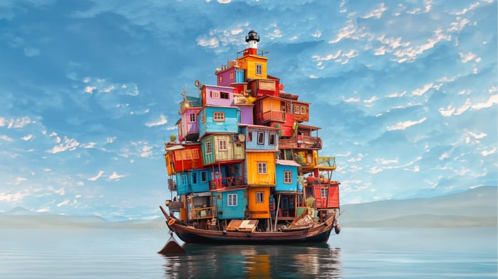 Colorful houses stacked on a boat