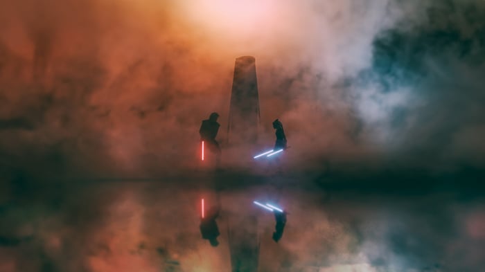 Anakin Skywalker and Ahsoka Tano duel with lightsabers