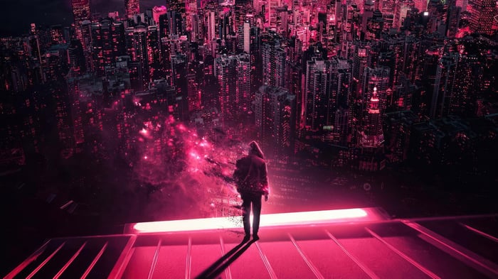Person standing on rooftop overlooking pink city