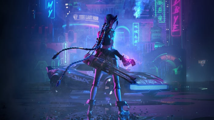Jinx from Arcane in a neon city with a car