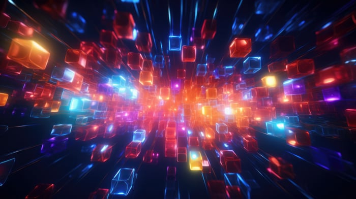 Abstract glowing cubes in a tunnel of light