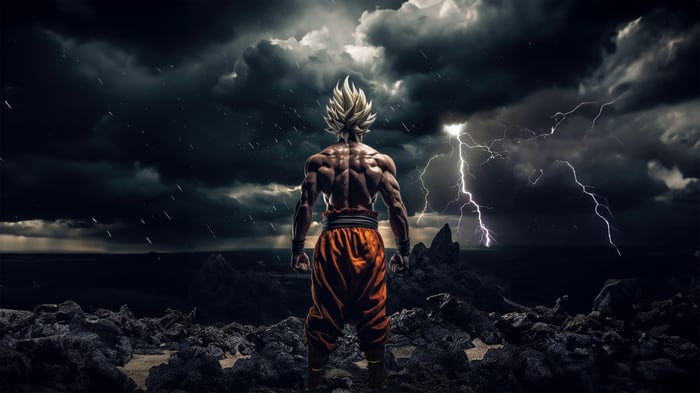 Ultra Goku standing in a stormy landscape