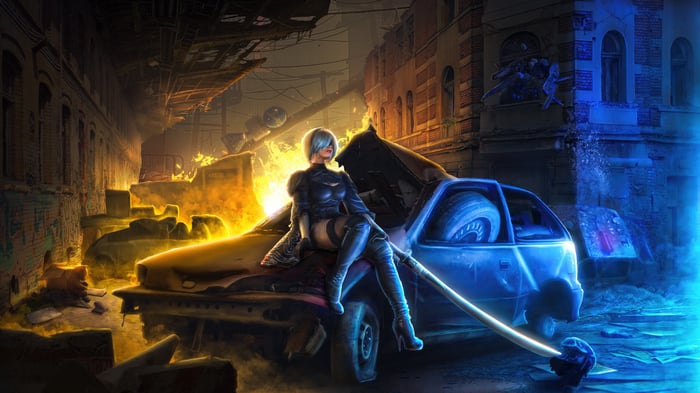 Nier Automata 2B sits on a destroyed car in a ruined city