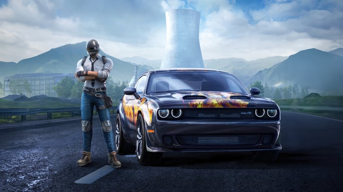 Pubg character with Dodge Challenger SRT Hellcat