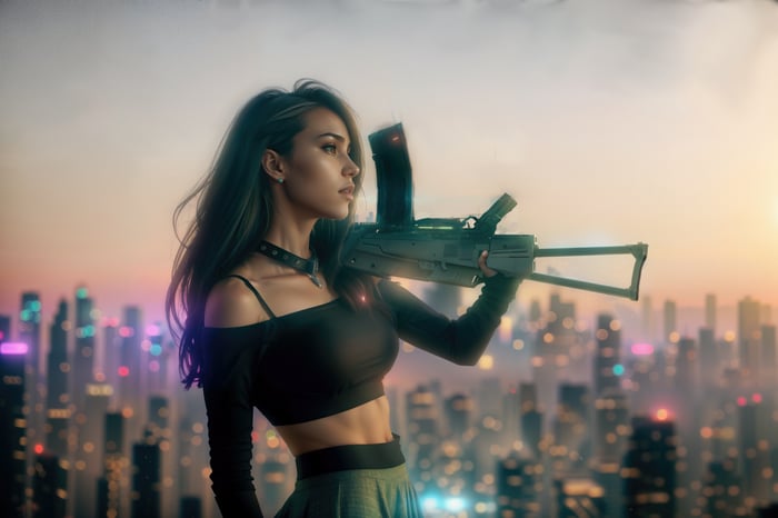 Woman with a rifle overlooking a city at sunset