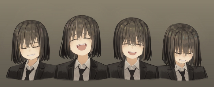Four anime girls in suits showing different emotions