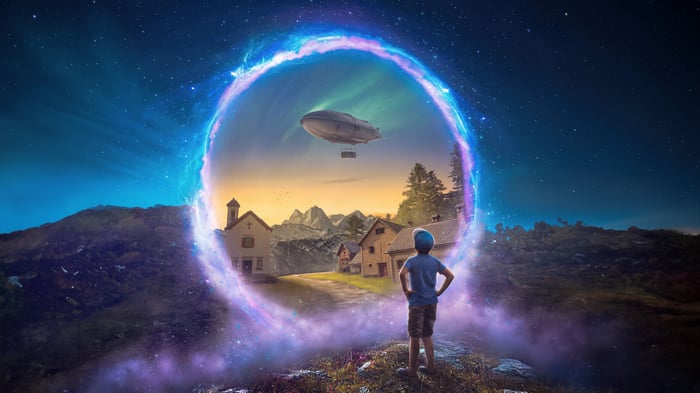 Boy Looks at a Dream Gateway with a Blimp