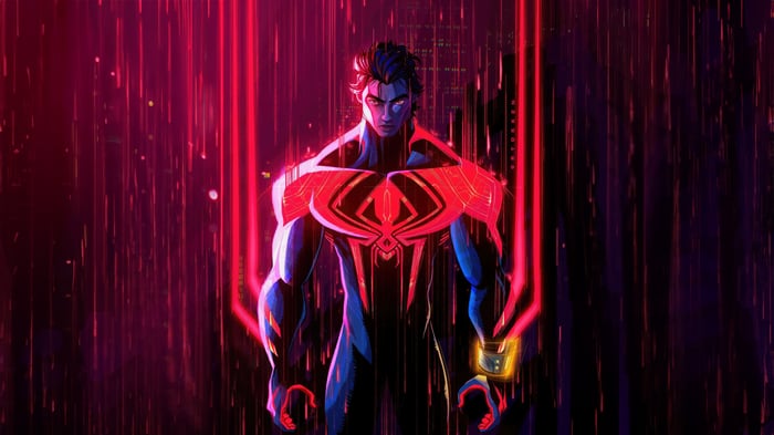 Spider-Man 2099 in a neon-lit city