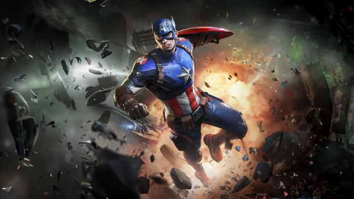 Captain America in a chaotic explosion