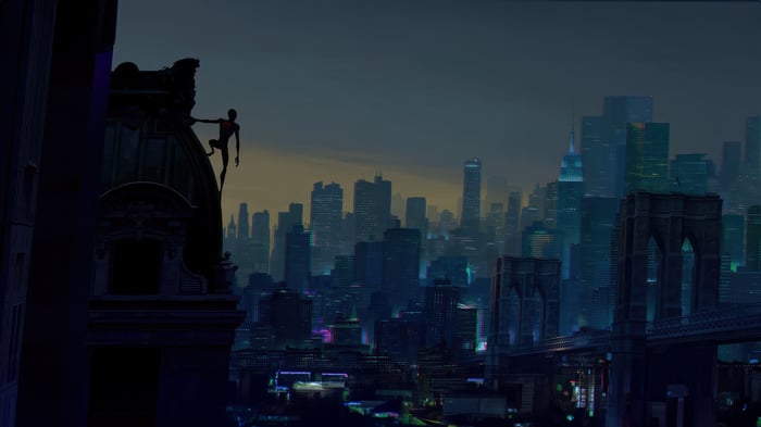 Spider-Man climbing a building in a futuristic city