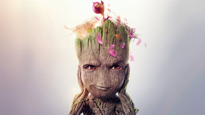 Baby Groot with a bird's nest on his head