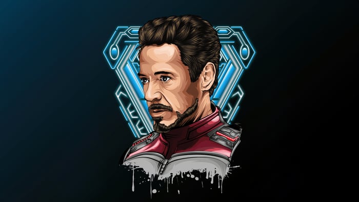 Tony Stark in his suit with a futuristic emblem