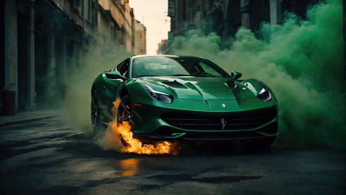 Green Ferrari 488 Pista with Fire and Smoke