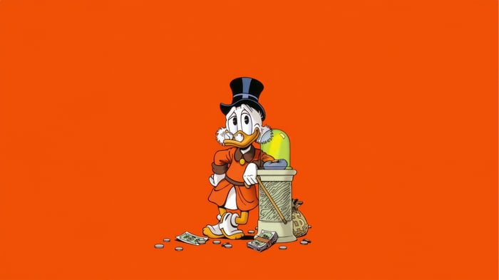 Scrooge McDuck with money on orange background