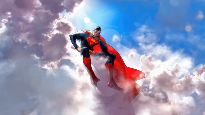 Superman flying through clouds