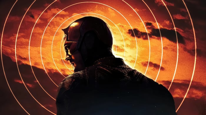 Daredevil in front of concentric circles and clouds