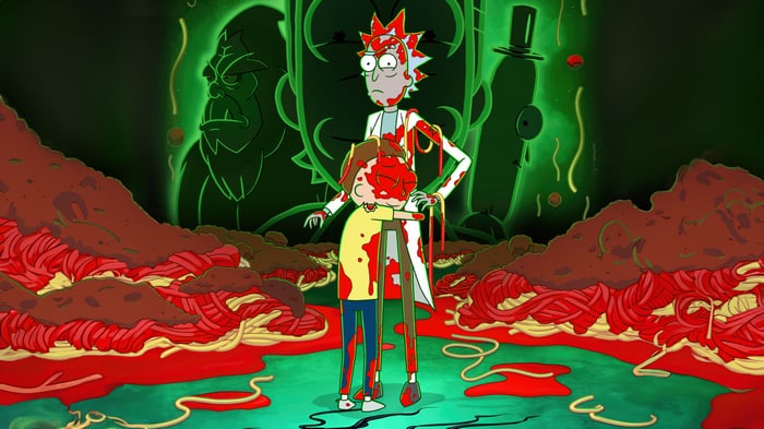 Rick and Morty covered in blood