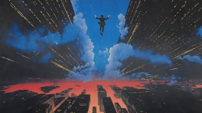 Man Falling Through Clouds Above Cityscape