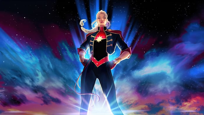 Captain Marvel in a cosmic background