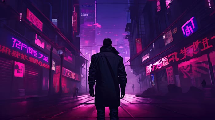 Man walking down a neon-lit cyberpunk street