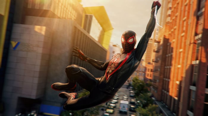 Miles Morales Swinging Through a City
