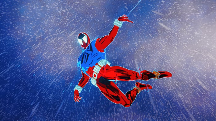 Scarlet Spider swinging through a starry background
