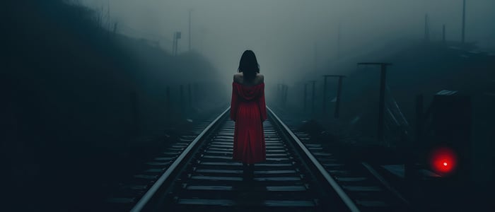 Woman in red dress on dark railroad tracks