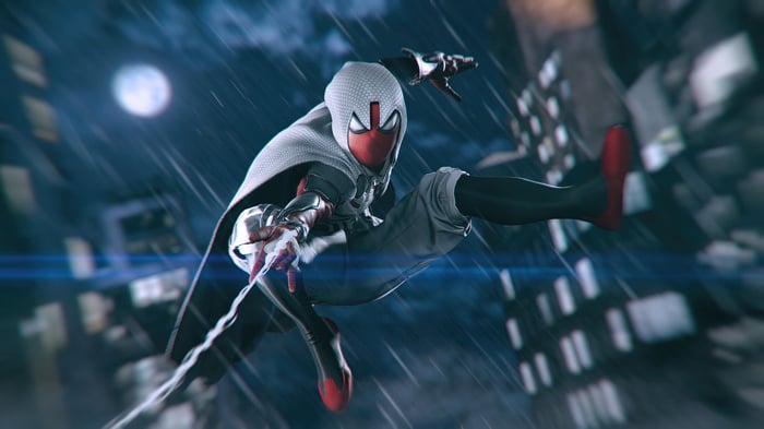 Arachknight from Spiderman 2 swings through a rainy city