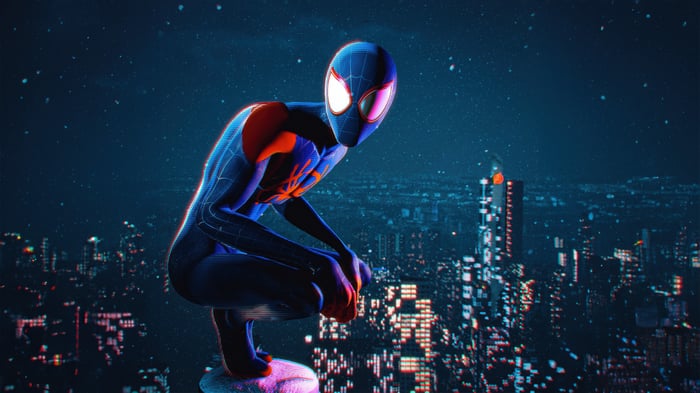 Miles Morales Marvels Spider-Man Crouching on Building