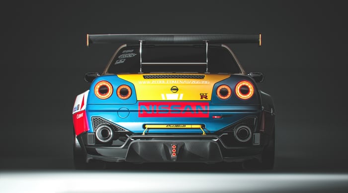 Rear view of a Nissan GT-R with racing livery