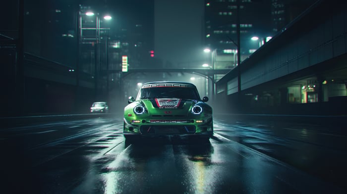 Green Porsche 911 Turbo S on a Wet City Street