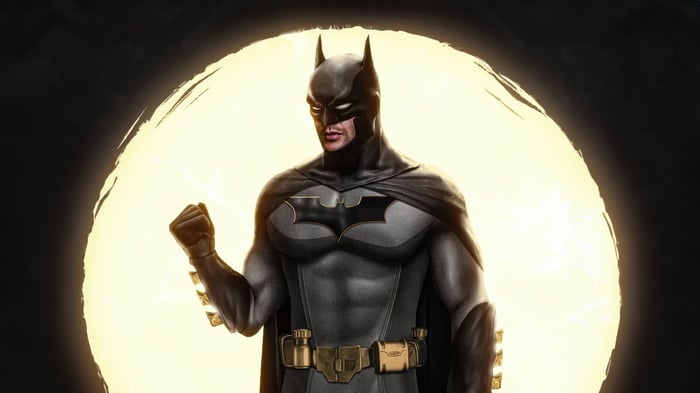 Batman in front of a large yellow circle