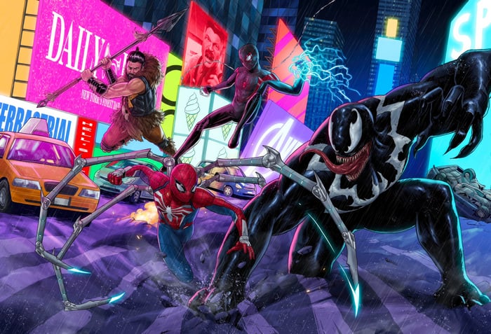 Marvel Spider-Man 2 Artwork: Venom, Spider-Man, Miles Morales, and Kraven
