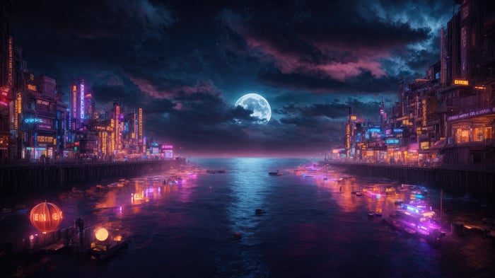 Moon City at Night with Neon Lights