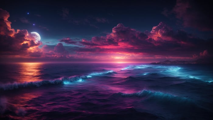 Moonlit Ocean Horizon with Glowing Waves
