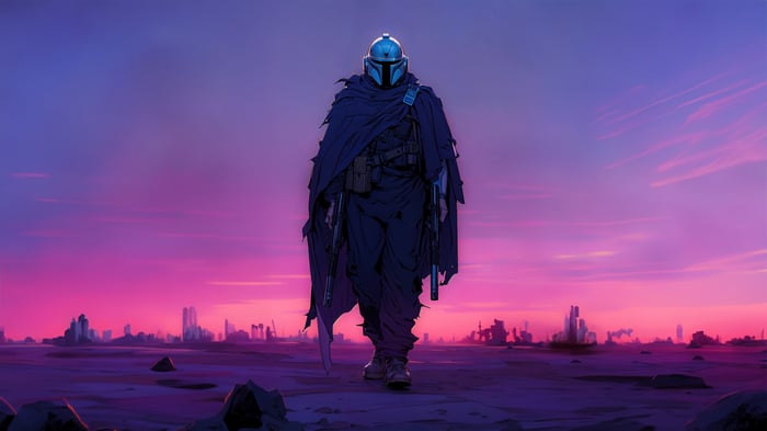 Mandalorian walks through a desolate city at sunset