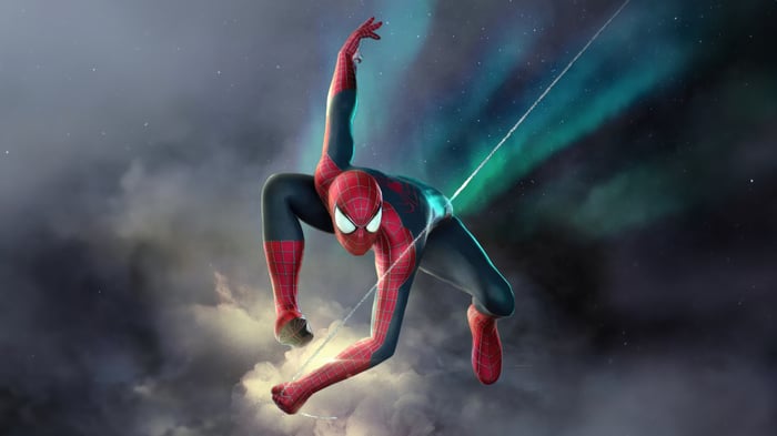 Spiderman swinging through the sky