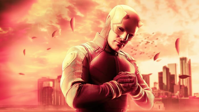 Daredevil in a red suit with horns on his mask