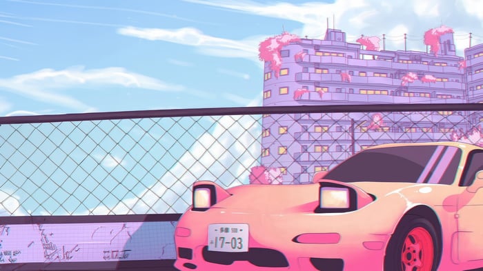 Pink Mazda MX-5 Miata in a Synthwave Cityscape